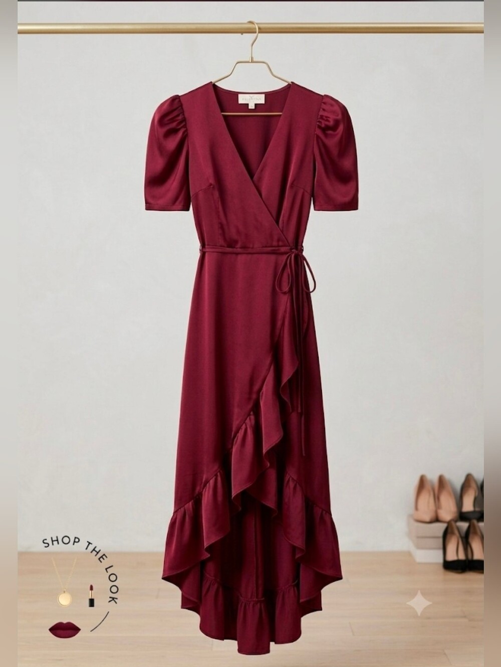 SUGAR+LIPS Burgundy Satin Wrap Maxi Dress Ruffle Hem Short Puff Sleeve Size S